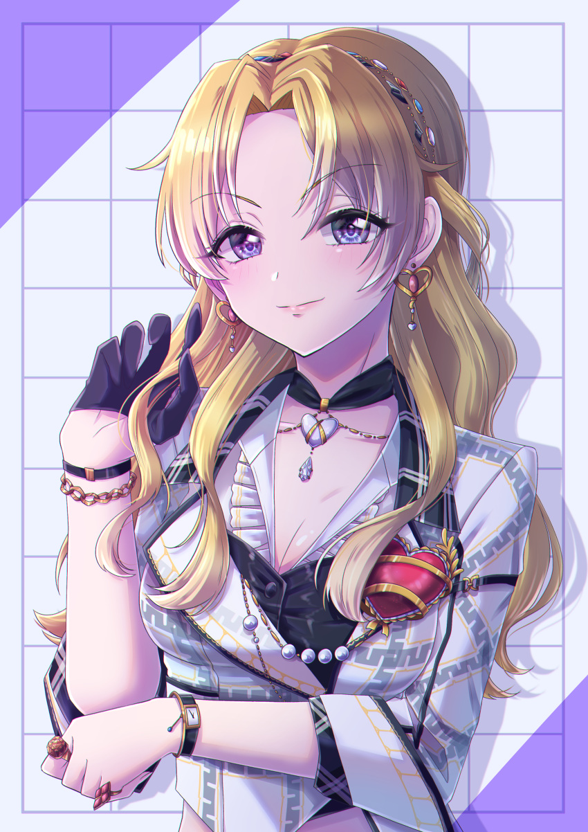 1girl absurdres black_choker black_gloves blonde_hair blush bracelet breasts choker cleavage earrings gloves half_gloves heart heart_choker heart_earrings highres idolmaster idolmaster_cinderella_girls idolmaster_cinderella_girls_starlight_stage jewelry kiryu_tsukasa_(idolmaster) koume_paint light_smile long_hair looking_at_viewer medium_breasts parted_bangs purple_eyes ring single_half_glove solo upper_body watch wavy_hair wristwatch