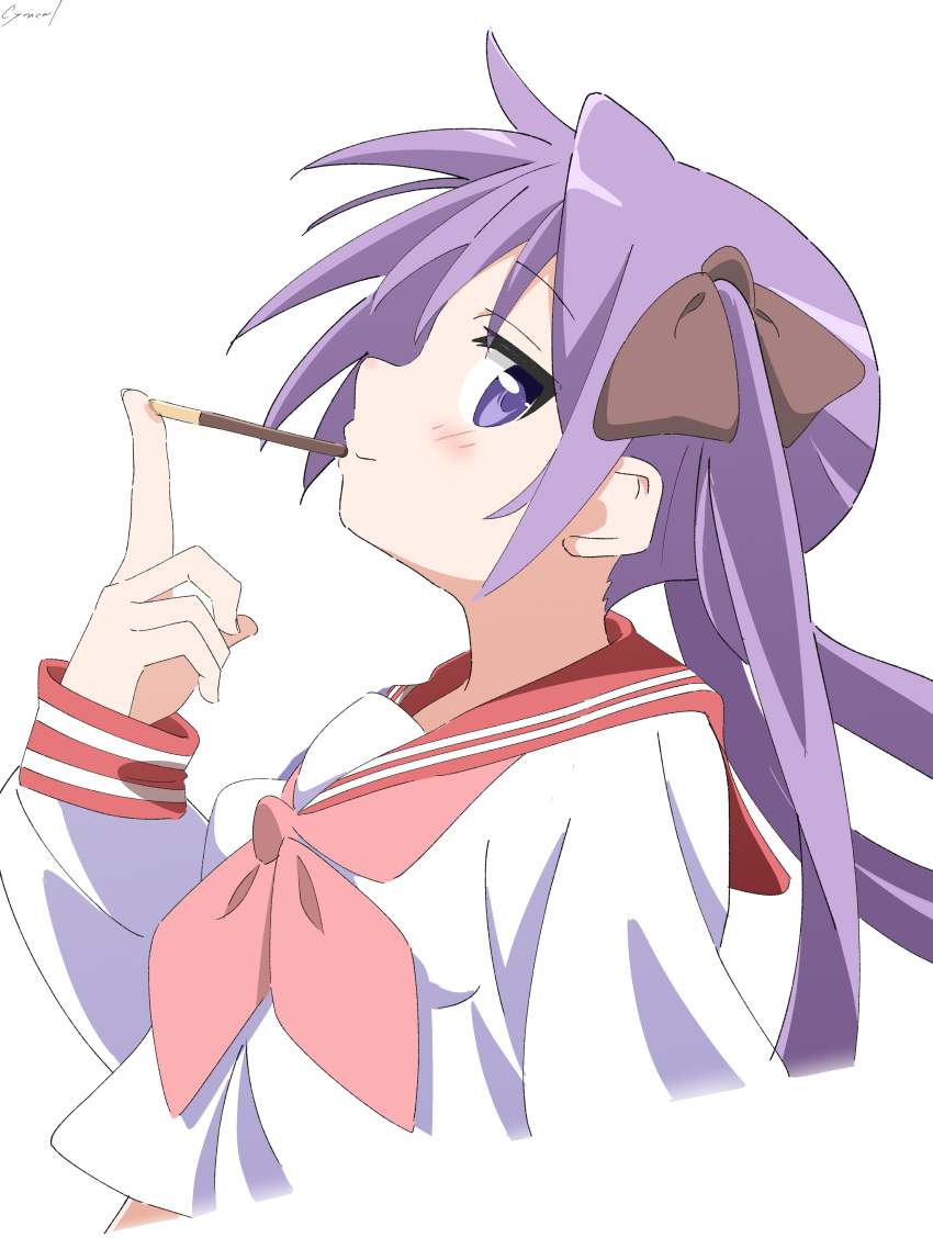 1girl absurdres blush bow commentary cynical_(llcbluckg_c004) food food_in_mouth from_side hair_bow highres hiiragi_kagami long_hair long_sleeves looking_at_viewer lucky_star neckerchief pocky pocky_in_mouth purple_eyes purple_hair red_neckerchief red_sailor_collar ryouou_school_uniform sailor_collar school_uniform shirt signature simple_background sleeves_past_wrists smile solo twintails upper_body white_background white_shirt