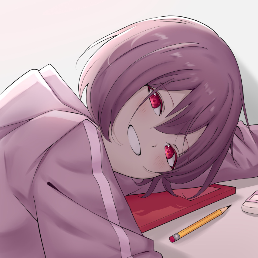 1girl absurdres blunt_bangs blush bob_cut desk dot_nose english_commentary eraser highres hood hood_down hoodie hunched_over long_hair_between_eyes long_sleeves looking_at_viewer looking_to_the_side mmpro2474 notebook pencil pink_eyes pink_hair pink_hoodie resting rock_na_kimi_to_wa_owakare_da short_hair simple_background sitting smile solo tuyu_(band) upper_body white_background wooden_pencil