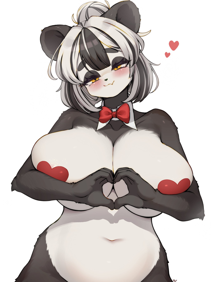 &lt;3 2024 absurd_res anthro bear big_breasts black_hair blush bow_tie breasts female fingers gesture giant_panda hair half-closed_eyes hand_heart hi_res huge_breasts looking_at_viewer mammal multicolored_hair narrowed_eyes navel pasties simple_background solo two_tone_hair white_background white_hair whooo-ya yellow_eyes