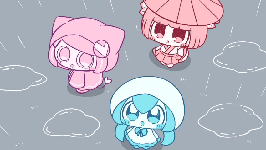 3girls :o amedama_(vocaloid) aqua_eyes aqua_hair aqua_leggings aqua_ribbon arms_at_sides blunt_bangs blunt_ends chibi chibi_only dress hairpods hatsune_miku holding holding_umbrella hood hooded_dress hooded_jacket jacket long_hair long_sleeves looking_at_another looking_at_viewer multiple_girls neck_ribbon no_shoes open_mouth pepoyo pink_eyes pink_hair pink_hood pink_jacket poyoroid puddle rain red_eyes red_hair red_skirt red_umbrella ribbon short_hair skirt swept_bangs tail umbrella utau vocaloid vy1 white_dress white_hood