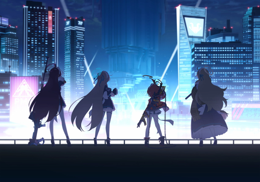 4girls akane_(blue_archive) asuna_(blue_archive) black_dress black_footwear black_hair blue_archive blue_ribbon brown_shawl building chain city_lights cityscape cleaning_&amp;_clearing_(blue_archive) dress dual_wielding facing_away from_behind full_body game_cg gun hair_ribbon halo high_heels highres holding holding_gun holding_weapon jacket karin_(blue_archive) light_brown_hair long_dress long_hair maid maid_headdress millennium_science_school_logo multiple_girls neru_(blue_archive) night non-web_source official_art orange_hair plaid_shawl ribbon rifle searchlight shawl short_dress short_hair sig_mpx skyscraper sniper_rifle standing submachine_gun sukajan thighhighs very_long_hair weapon white_thighhighs