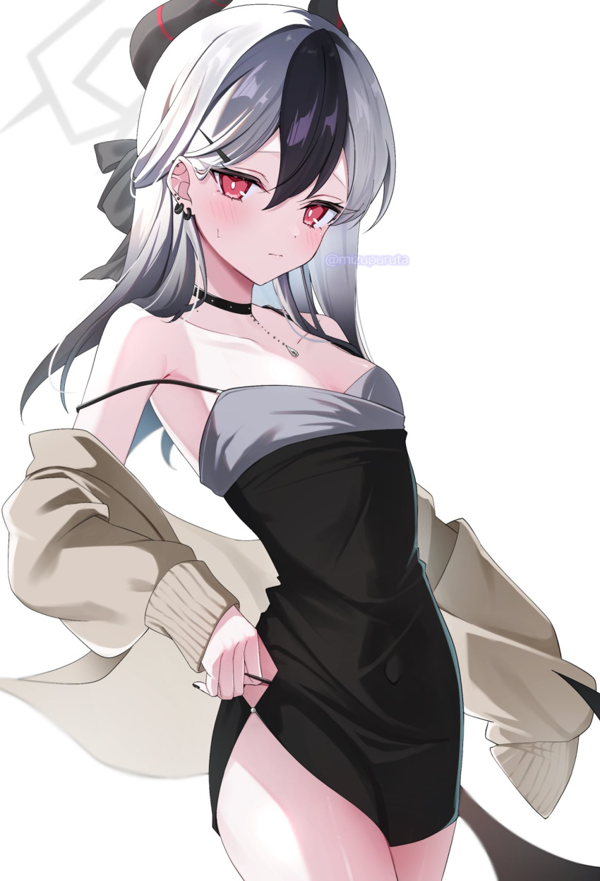1girl black_choker black_dress black_hair black_horns blue_archive blush breasts choker closed_mouth collarbone cowboy_shot demon_horns dress ear_piercing earrings grey_halo grey_jacket hair_between_eyes halo highres horns jacket jewelry kayoko_(blue_archive) kayoko_(dress)_(blue_archive) long_hair long_sleeves mizupuruta multicolored_hair official_alternate_costume open_clothes open_jacket piercing red_eyes simple_background small_breasts solo twitter_username white_background white_hair