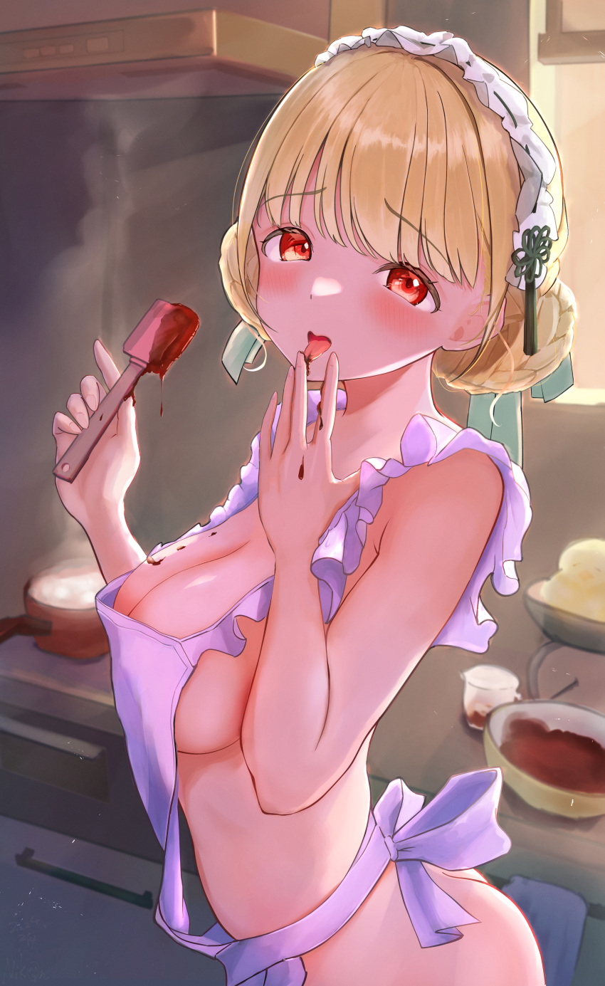 1girl absurdres apron ass baking blonde_hair blush braid breasts chocolate cooking food_on_body food_on_breasts frilled_apron frills highres indoors kogara_toto large_breasts licking licking_finger long_hair looking_at_viewer maid_headdress naikon naked_apron open_mouth red_eyes sideboob solo tongue tongue_out valentine virtual_youtuber vspo! white_apron