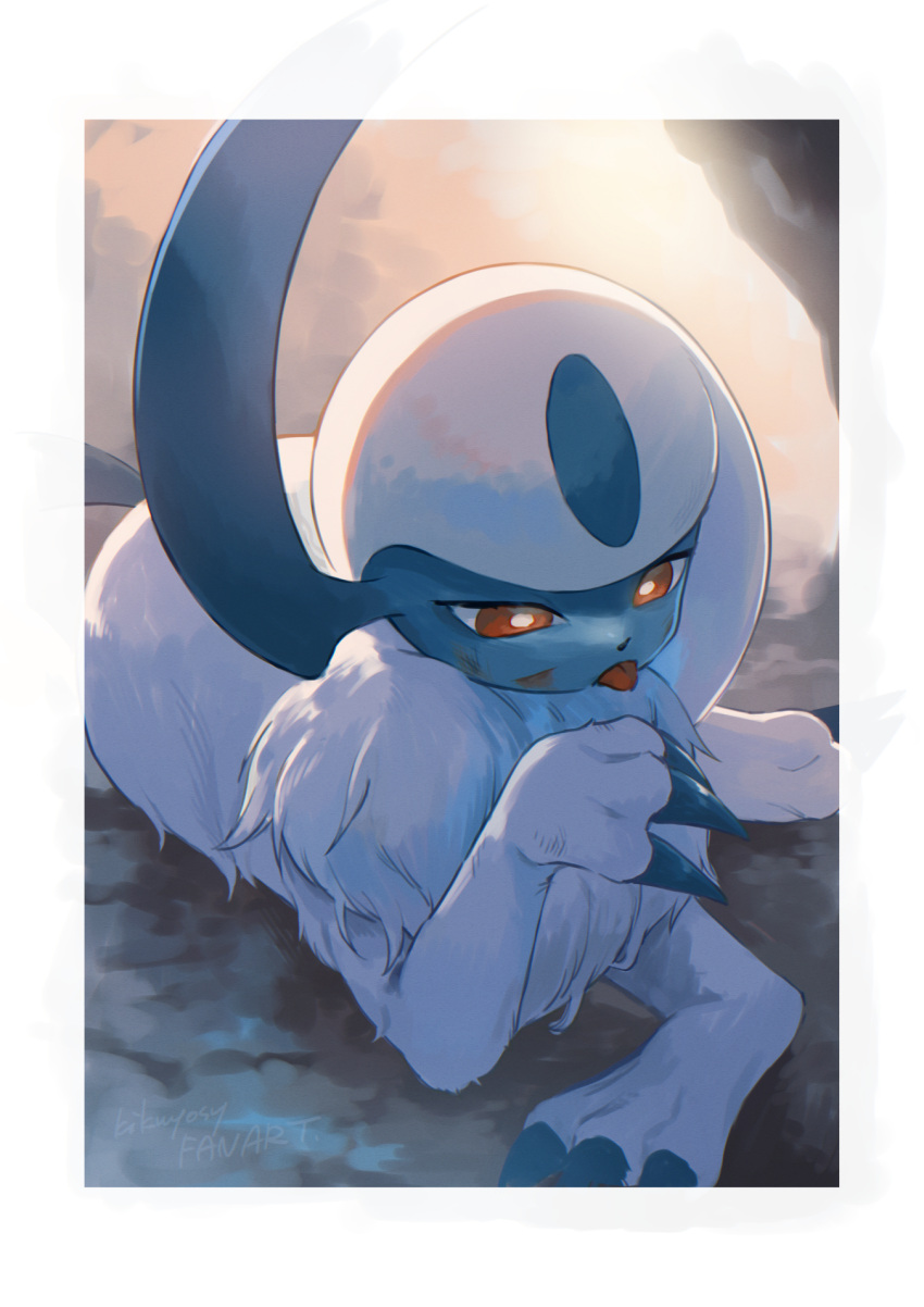 absol border bright_pupils claws commentary_request highres kikuyoshi_(tracco) looking_down lying no_humans pokemon pokemon_(creature) red_eyes solo tongue tongue_out white_border white_fur white_pupils