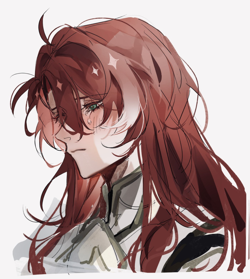 1boy argenti_(honkai:_star_rail) armor blush closed_mouth cropped_torso crying cuirass curtained_hair green_eyes hair_between_eyes highres honkai:_star_rail honkai_(series) knight long_hair oryunbunkosu red_hair solo tears upper_body white_armor white_background