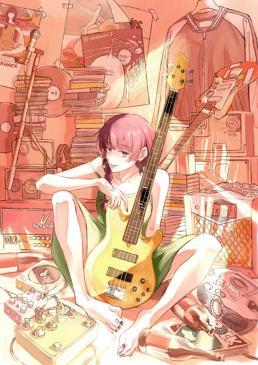 absurdres alcohol amplifier bare_legs bare_shoulders barefoot bass_guitar black_nails bocchi_the_rock! bottle braid collarbone dress green_dress hanafuda_earrings hand_tattoo highres hiroi_kikuri instrument liquor medium_dress microphone_stand nail_polish record red_hair single_braid sleeveless sleeveless_dress smile stereo strap_slip sushizanmai_(sorahaaoi7) tattoo toenail_polish toenails