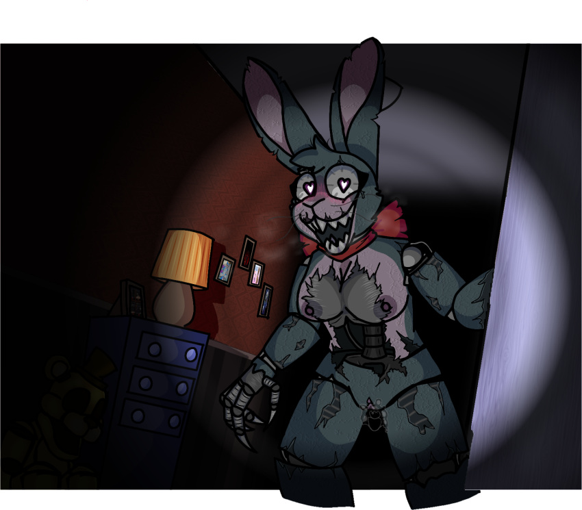 &lt;3 &lt;3_eyes accessory animatronic anthro blue_body blue_fur blush bodily_fluids bow_accessory bow_ribbon breasts breath breath_cloud cheek_tuft claws countershade_snout countershade_torso countershading crossgender darli_buni digital_media_(artwork) endoskeleton exposed_breasts exposed_endoskeleton eyelashes facial_tuft female fingers five_nights_at_freddy's five_nights_at_freddy's_2 five_nights_at_freddy's_4 framed_picture fur furniture genital_fluids genitals golden_freddy_(fnaf) hair hand_on_wall head_tuft hi_res joints lagomorph lamp leporid light light_beam looking_at_viewer machine mammal metal metal_claws metal_teeth mtf_crossgender multicolored_body multicolored_fur nightmare_bonnie_(fnaf) nightstand nipples notched_ear nude open_mouth pussy pussy_juice_string rabbit red_bow red_wall robot scottgames sharp_teeth sitting sitting_on_ground smile snout standing teeth tuft two_tone_body two_tone_fur vaginal_fluids wallpaper_(decoration) whiskers wire
