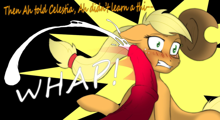 animal_genitalia applejack_(mlp) blonde_hair blush cockslap cum english_text equine female feral friendship_is_magic fur green_eyes hair horse horsecock jrvanesbroek male mammal my_little_pony orange_fur penis pony surprise text