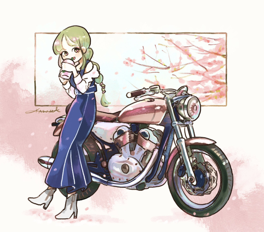 1girl blue_dress boots brown_eyes cherry_blossoms cup dress green_hair grey_footwear hair_behind_ear high_heel_boots high_heels highres holding holding_cup kazuma_(dokurinngos2) long_hair looking_at_viewer motor_vehicle motorcycle off_shoulder open_mouth original shirt signature smile solo vehicle_focus white_shirt yamaha yamaha_xs-v1