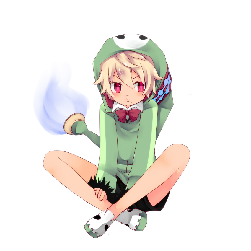 1boy aitn blonde_hair blue_fire bow bowtie child demon_boy disgaea emizel_(disgaea) fingernails fire green_hoodie hair_between_eyes highres hood hoodie indian_style legs long_sleeves makai_senki_disgaea_4 male_focus red_bow red_bowtie red_eyes shoes shorts sitting skull_print solo white_background