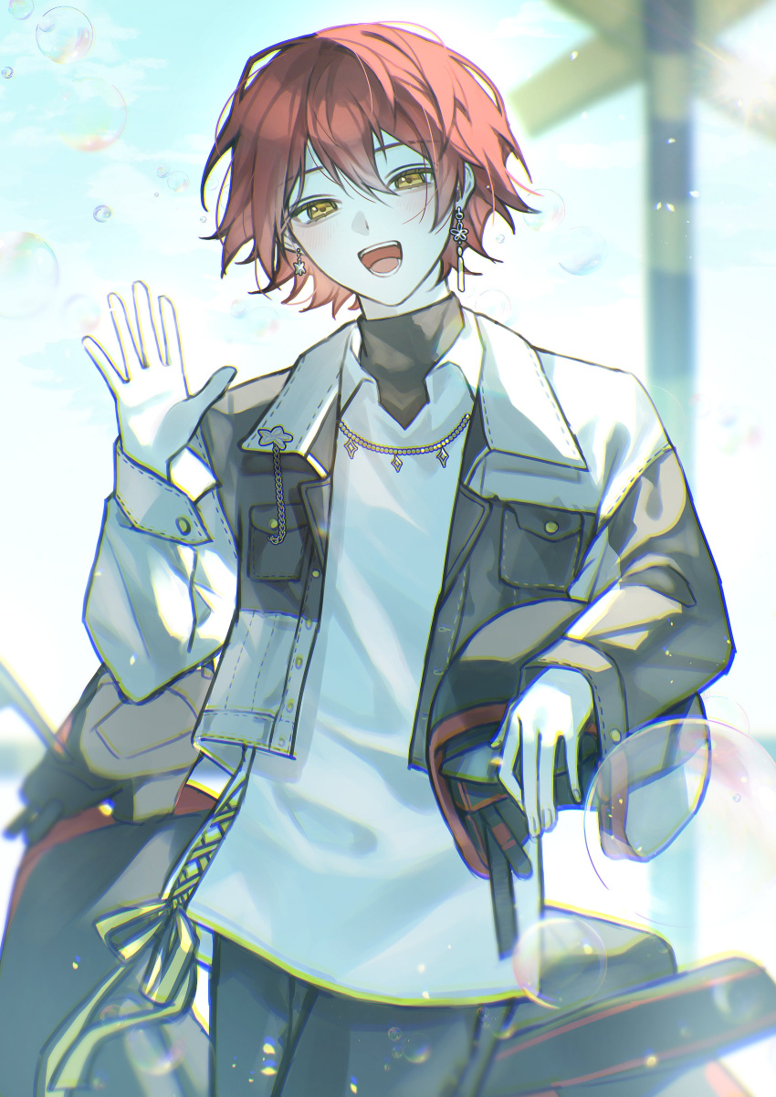 1boy absurdres blue_sky blush bubble collared_shirt cropped_jacket earrings hair_between_eyes hanasaki_miyabi highres holostars jacket jewelry light_particles looking_at_viewer male_focus moped motor_vehicle open_clothes open_jacket open_mouth outdoors red_hair shirt simple_background sky smile solo standing virtual_youtuber yellow_eyes yu_yu_(yuyuuuu99550771)