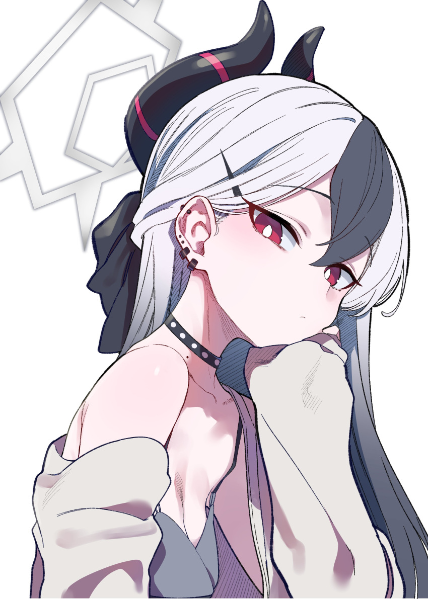 1girl absurdres bare_shoulders black_choker black_hair black_horns blue_archive breasts bright_pupils brown_jacket choker cleavage closed_mouth collarbone commentary_request demon_girl demon_horns dress gradient_hair grey_halo hair_between_eyes halo head_rest highres horns jacket kayoko_(blue_archive) kayoko_(dress)_(blue_archive) looking_at_viewer medium_breasts mole mole_on_neck multicolored_hair official_alternate_costume official_alternate_hairstyle red_eyes simple_background solo streaked_hair sutora_binsuke upper_body white_background white_hair white_pupils