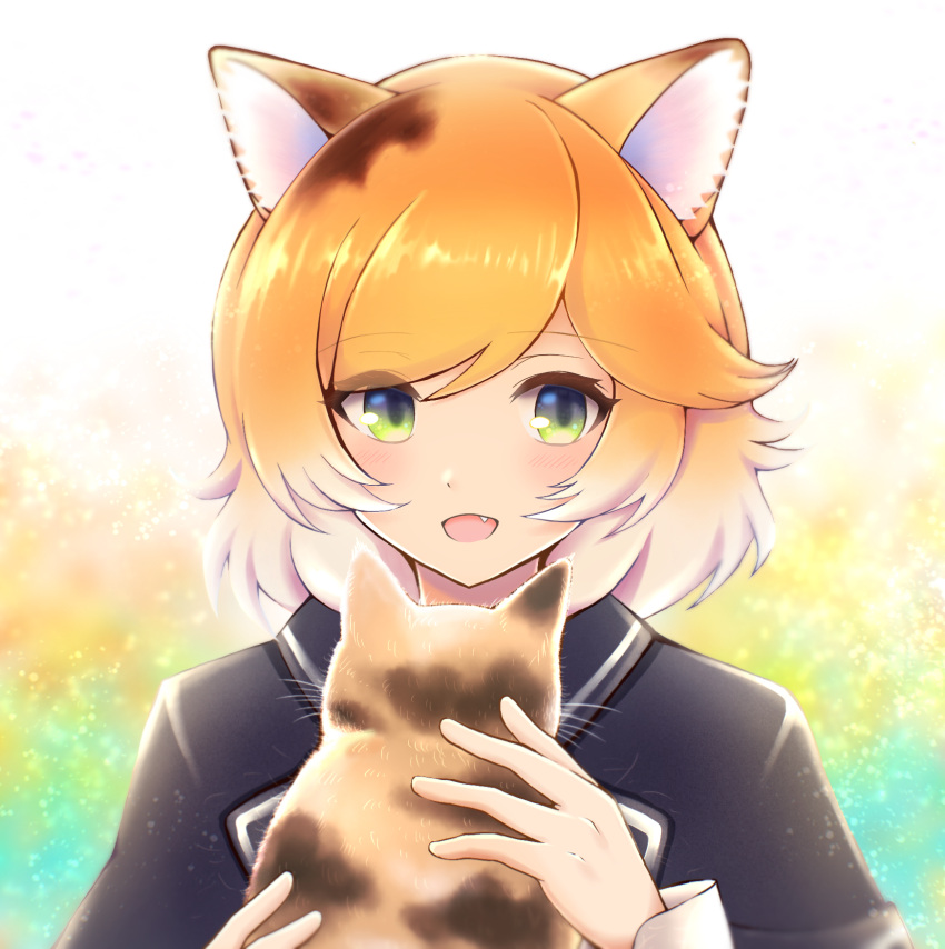 1girl 3_(sanyako1) :d animal animal_ear_fluff animal_ears arknights black_jacket blush brown_cat cat cat_ears cat_girl commentary_request eyes_visible_through_hair fang green_eyes highres holding holding_animal holding_cat jacket lapels light_particles long_sleeves looking_at_animal looking_down mousse_(arknights) open_mouth orange_hair short_hair smile solo split_mouth upper_body