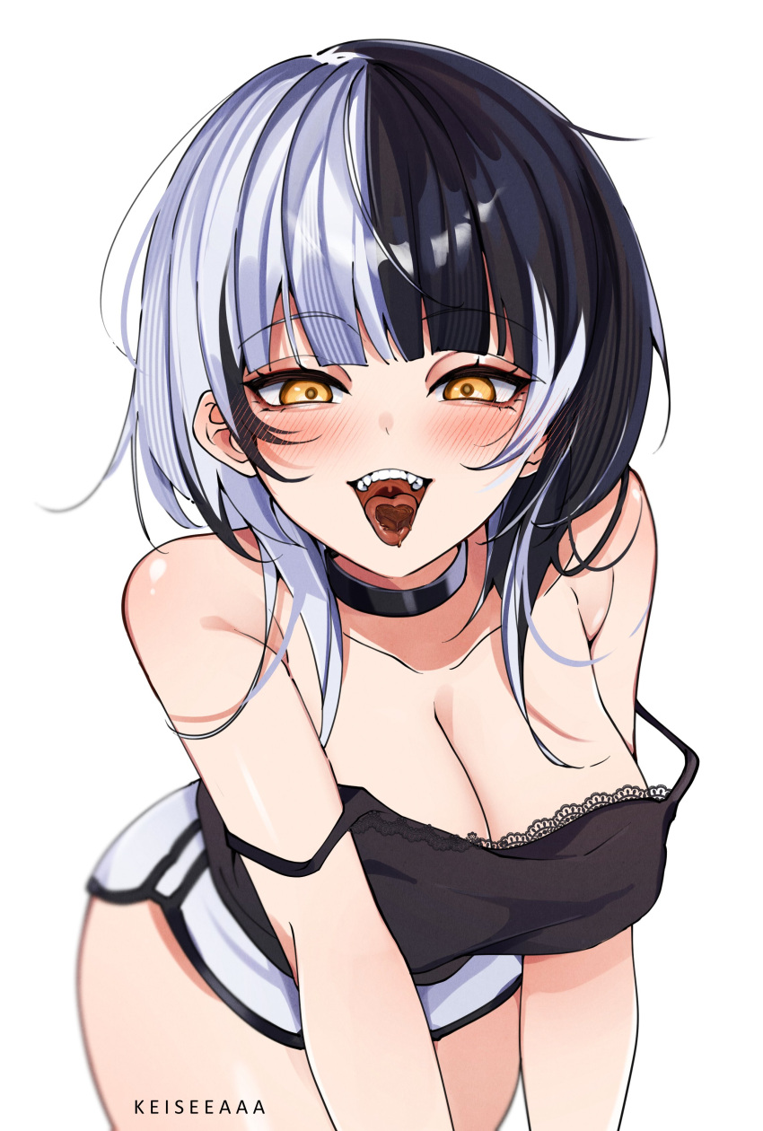 1girl absurdres black_hair blunt_bangs blush breasts chocolate choker cleavage grey_hair highres hololive hololive_english keisea large_breasts long_hair looking_at_viewer multicolored_hair pov saliva shiori_novella smile solo split-color_hair teeth tongue two-tone_hair upper_teeth_only virtual_youtuber yellow_eyes