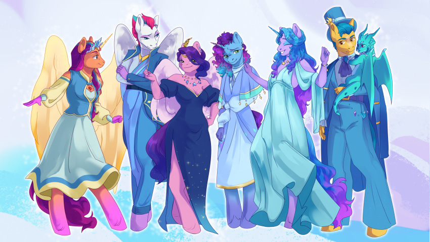 abstract_background anthro anthrofied barefoot blue_eyes bottomwear bracelet breasts cleavage clothed clothing dragon dress earth_pony equid equine eyes_closed feathered_wings feathers feet female feral gloves green_eyes group handwear hasbro hat headgear headwear hi_res hitch_trailblazer_(mlp) horn horse izzy_moonbow_(mlp) jewelry male mammal membrane_(anatomy) membranous_wings misty_brightdawn_(mlp) mlp_g5 my_little_pony necklace pants pegasus pendant pink_body pipp_petals_(mlp) pony purple_body rowankitten smile sparky_sparkeroni_(mlp) standing suit sunny_starscout_(mlp) top_hat unguligrade_anthro white_body winged_unicorn wings yellow_body zipp_storm_(mlp)