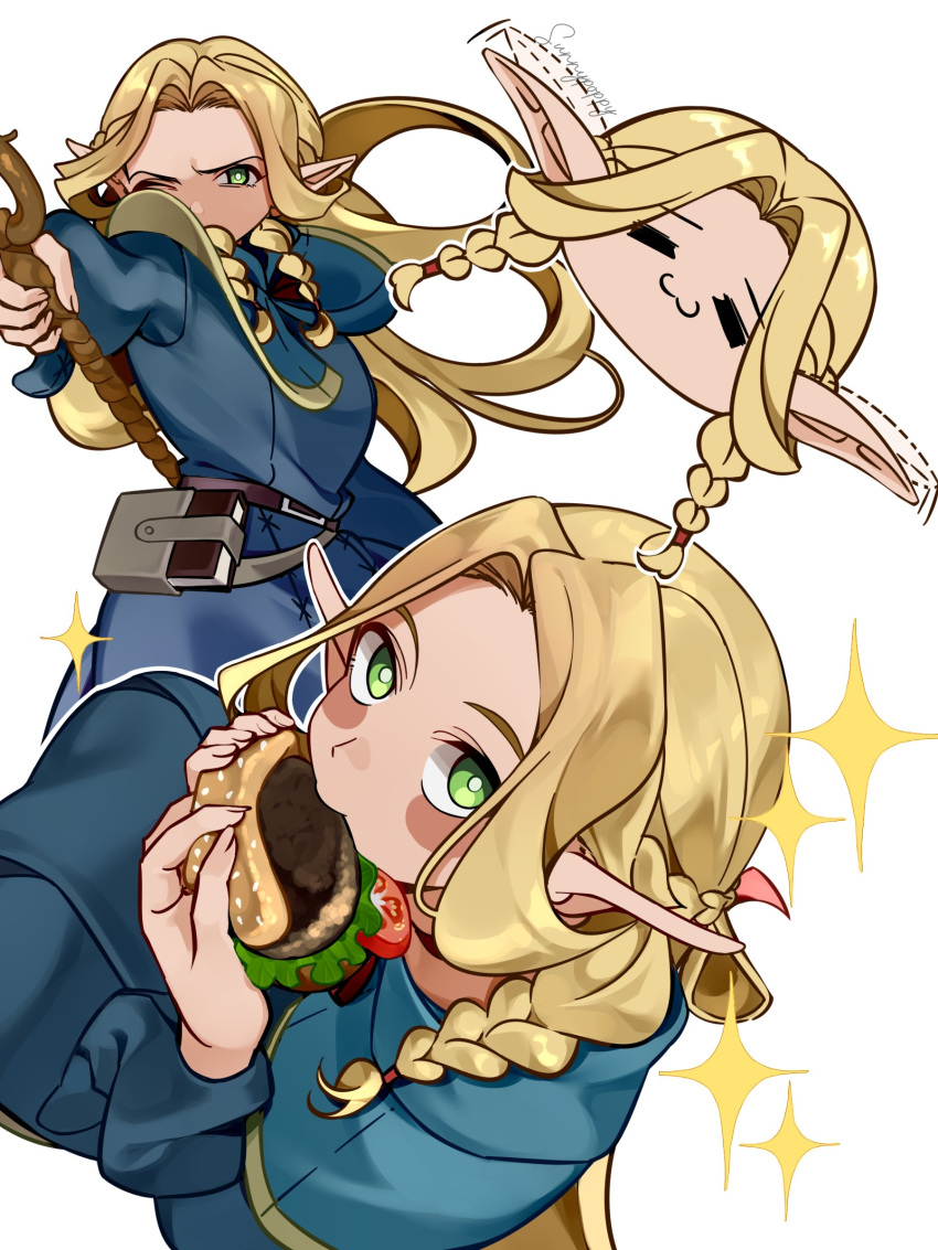 1girl absurdres blonde_hair braid burger dungeon_meshi eating elf food green_eyes highres holding holding_food long_hair looking_at_viewer mage_staff marcille_donato pointy_ears robe sunnypoppy