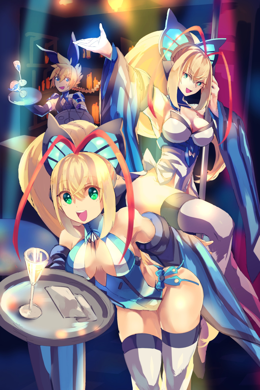 1boy 2girls absurdres animal_ears antenna_hair armpits azure_striker_gunvolt azure_striker_gunvolt_2 bent_over blonde_hair braid braided_ponytail breasts butterfly_hair_ornament cleavage clone cup detached_sleeves dress drinking_glass green_eyes hair_ornament high_ponytail highres idol leotard long_hair lumen_(gunvolt) medium_breasts multicolored_hair multiple_girls oeillet_vie open_mouth pink_hair pole pole_dancing ponytail rabbit_ears revealing_clothes smile stripper_pole teeth thighhighs time_paradox upper_teeth_only white_dress white_thighhighs wine_glass