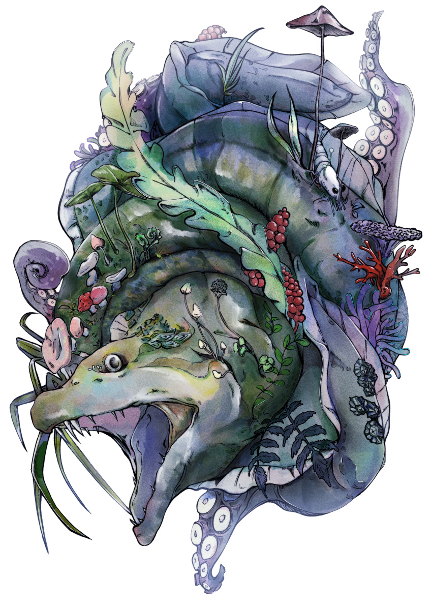 absurdres animalization black_eyes coral eel full_body highres jade_leech looking_at_viewer mushroom no_humans open_mouth overgrown plant sea_anemone seaweed shrimp simple_background solo tuboya111 twisted_wonderland white_background