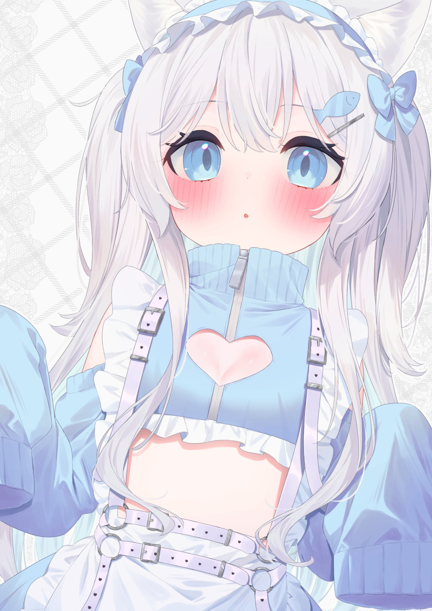 1girl :o animal_ear_fluff animal_ears apron blue_bow blue_eyes blue_hairband blue_jacket blue_shirt blue_skirt blush bow breasts cat_ears cleavage_cutout clothing_cutout crop_top frilled_apron frilled_hairband frills hair_between_eyes hair_bow hair_ornament hairband hairclip heart heart_cutout highres indie_virtual_youtuber jacket long_hair long_sleeves looking_at_viewer nyandaful parted_lips puffy_sleeves shirt skirt sleeves_past_fingers sleeves_past_wrists small_breasts solo tofu1601 two_side_up virtual_youtuber waist_apron white_apron white_hair