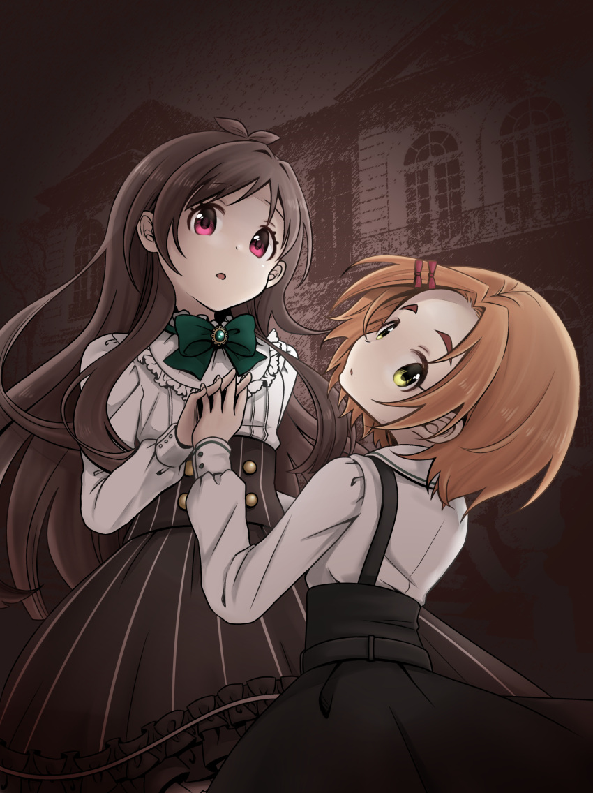 2girls absurdres antenna_hair bow bowtie breasts brown_hair brown_skirt brown_theme building dot_nose floating_hair green_bow green_bowtie green_brooch hair_bow hair_ribbon hand_up heads_together highres idolmaster idolmaster_cinderella_girls idolmaster_cinderella_girls_starlight_stage lace-trimmed_shirt lace_trim long_hair long_sleeves looking_at_another looking_at_viewer looking_back maka073 medium_breasts multiple_girls parted_lips red_eyes red_ribbon ribbon ryuzaki_kaoru shirt short_hair skirt striped_clothes striped_skirt suspender_skirt suspenders thick_eyebrows tsujino_akari vertical-striped_clothes vertical-striped_skirt white_shirt yellow_eyes