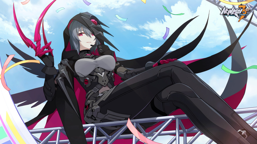 1girl black_bodysuit blue_sky bodysuit breasts clawed_gauntlets claws cloud confetti copyright_name day earpiece grey_hair hair_between_eyes hand_on_own_knee highres honkai_(series) honkai_impact_3rd hood hood_up logo looking_at_viewer mole mole_under_mouth official_art outdoors pink_eyes purple_eyes raven_(honkai_impact) second-party_source short_hair sitting sky smile solo