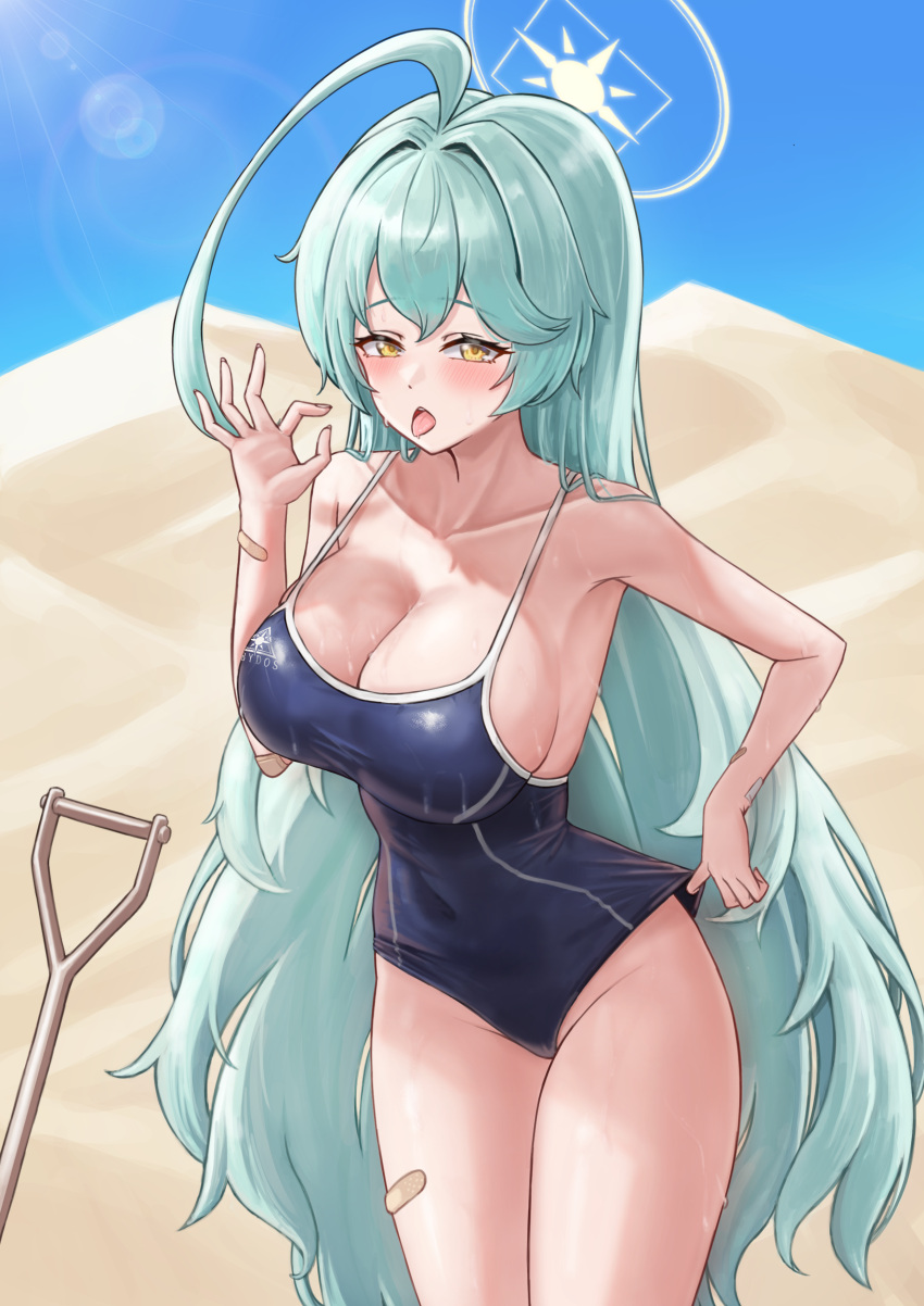 1girl absurdres abydos_high_school_swimsuit ahoge bare_arms bare_legs bare_shoulders black_one-piece_swimsuit blue_archive blush breasts cleavage collarbone cowboy_shot day desert fingernails green_hair groin halo highres huge_ahoge huge_breasts ilbanseomin long_hair looking_at_viewer one-piece_swimsuit open_mouth outdoors school_swimsuit solo swimsuit tongue tongue_out yellow_eyes yellow_halo yume_(blue_archive)