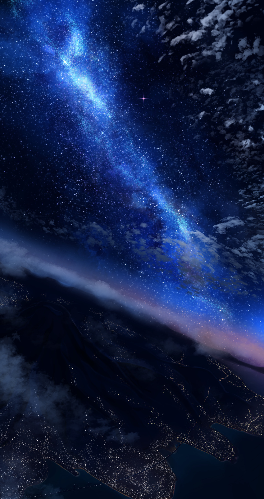 absurdres city_lights cloud commentary from_above highres horizon hoshikage_syo milky_way mountain night night_sky no_humans ocean original outdoors scenery sky sparkle star_(sky) starry_sky