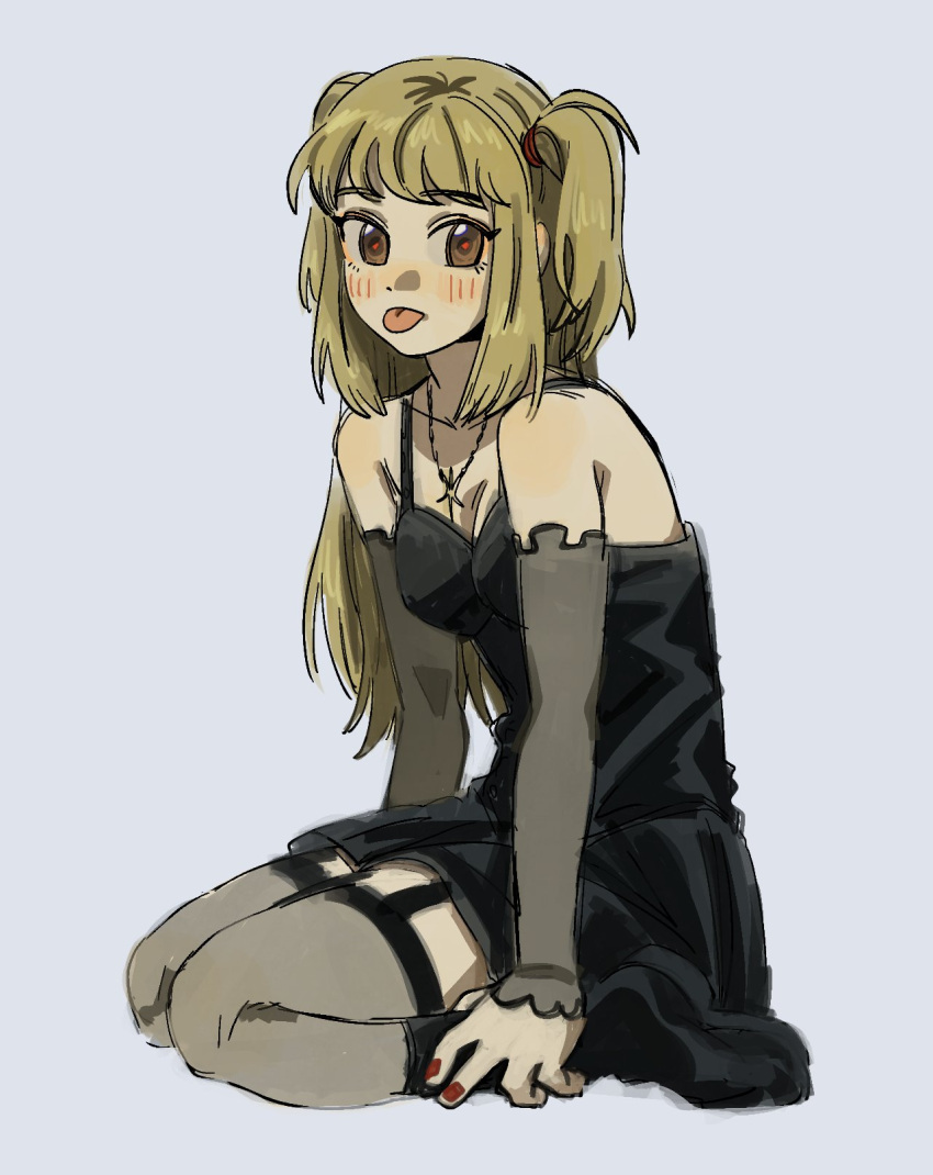 96a5b0 amane_misa bare_shoulders black_dress blonde_hair brown_eyes death_note dress garter_straps grey_background highres jewelry light_blush necklace red_nails seiza sitting tongue tongue_out