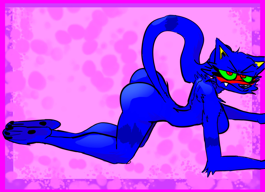 all_fours angry_eyes anthro blue_body blue_ears blue_tail blush breasts butt caroline_coughs feet felid feline female green_eyes hi_res kanyewestbearrealye mammal nude paws pupils red_pupils saturated_colors sharp_teeth solo sparklecare tail teeth yellow_inner_ear