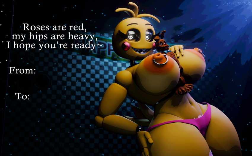 &lt;3 &lt;3_eyes 2024 3d_(artwork) absurd_res animatronic anthro areola avian bird blush blush_stickers body_between_breasts bonnie_(fnaf) breasts chicken clothing digital_media_(artwork) duo english_text eyebrows eyelashes female fingers five_nights_at_freddy's five_nights_at_freddy's_2 galliform gallus_(genus) glowing glowing_tattoo hi_res holidays lagomorph leporid lovetaste_chica machine male mammal micro nipple_piercing nipple_ring nipples orange_areola orange_nipples panties phasianid piercing rabbit ring_piercing robot scottgames size_difference tattoo teeth text toy_chica_(fnaf) underwear valentine's_day valentine's_day_card yellow_body zentaisfm