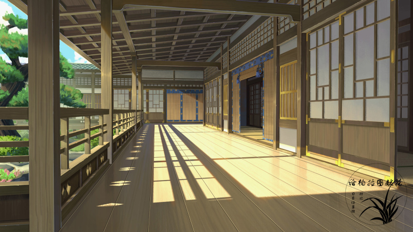 architecture artist_logo bamboo_screen blue_sky cloud day east_asian_architecture highres no_humans original scenery shade shouji sky sliding_doors tree wooden_floor xingzhi_lv