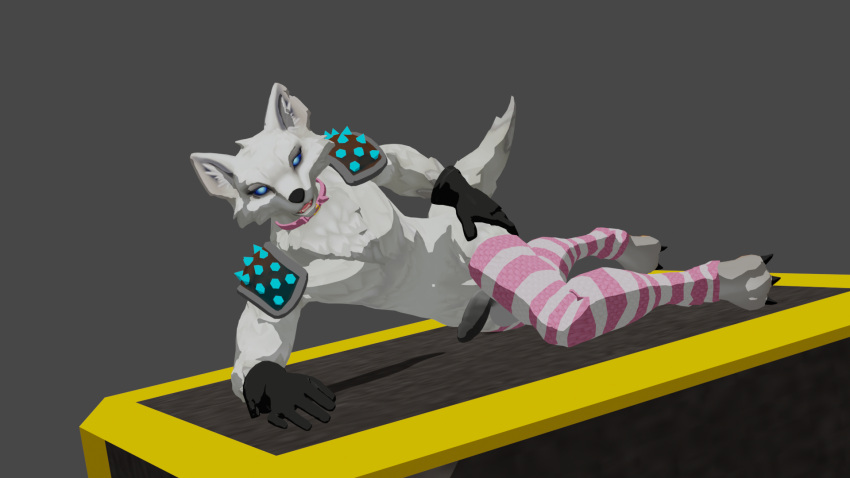 anthro black_nose blue_eyes canid canine clothing epic_games footwear fortnite fox fur genitals gloves gold handwear hi_res humanoid jewelry male mammal nails necklace nose pat3awelitas300 penis pink_clothing pink_footwear pink_socks socks solo spikes tail void_background volpez_(fortnite) white_body white_clothing white_footwear white_fur white_socks