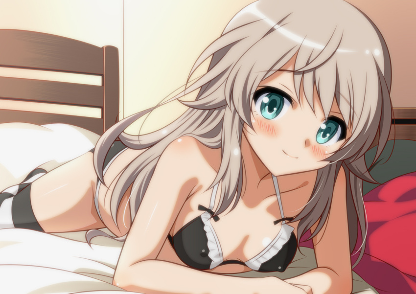 1girl bed bikini black_bikini blonde_hair blue_eyes blush breasts closed_mouth indoors isa_(ni-iro) long_hair looking_at_viewer luminous_witches lying maid maid_bikini on_bed on_stomach small_breasts smile solo striped_clothes striped_thighhighs swimsuit thighhighs unconventional_maid virginia_robertson world_witches_series