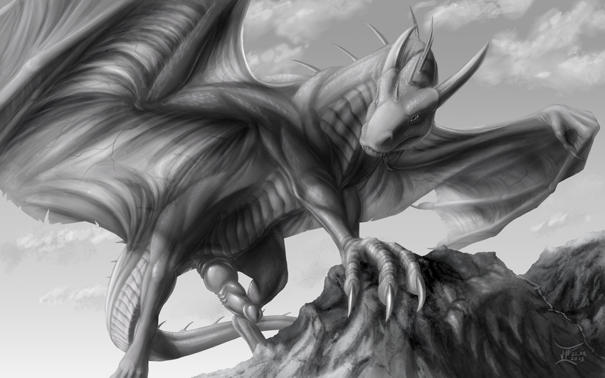 black_and_white dragon erection feral greyscale horn jackrow knot male monochrome nude outside pattarchus penis rock scalie sky solo spikes wings