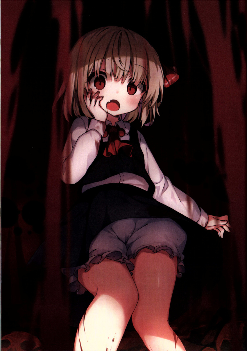 1girl absurdres ascot black_background black_skirt black_vest blonde_hair blood blood_on_face blood_on_hands blood_on_leg bloomers blush collared_shirt fang hair_between_eyes hair_ribbon hand_on_own_face hand_up highres long_sleeves looking_at_viewer open_mouth puffy_long_sleeves puffy_sleeves red_ascot red_eyes red_ribbon ribbon rumia shirt shnva short_hair simple_background skin_fang skirt skirt_set skull solo standing tongue touhou vest white_bloomers white_shirt
