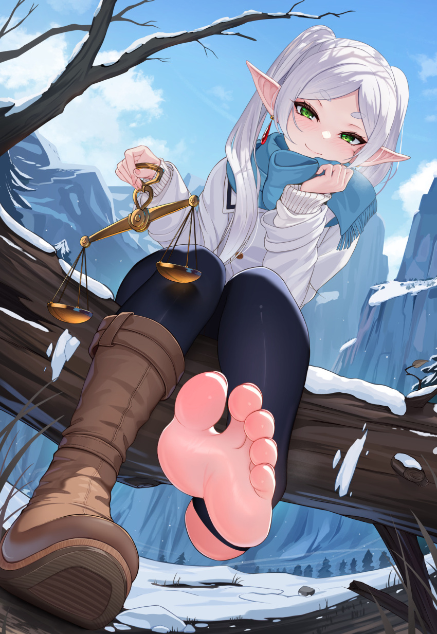 1girl black_pants blue_scarf blue_sky blush boots brown_footwear closed_mouth commentary day elf english_commentary feet frieren full_body green_eyes highres holding_scale knee_boots long_hair long_sleeves looking_at_viewer nekoda_(maoda) pants pointy_ears scarf sitting sky smile snow soles solo sousou_no_frieren toes twintails white_hair winter