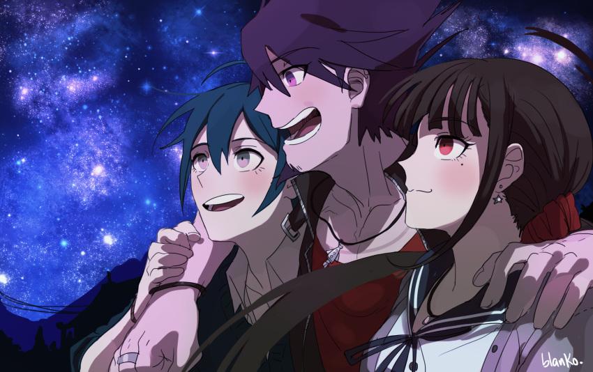 1girl 2boys :3 ahoge arms_around_neck artist_name belt belt_buckle black_belt black_bracelet black_jacket black_sailor_collar blanko! blue_eyes blue_hair brown_hair buckle buttons cardigan closed_mouth collarbone collared_shirt commentary danganronpa_(series) danganronpa_v3:_killing_harmony earrings english_commentary eyelashes facial_hair goatee grey_cardigan hair_between_eyes hand_on_another's_shoulder harukawa_maki high_collar highres holding_another's_arm jacket jewelry long_hair looking_ahead looking_up low_twintails mole mole_under_eye momota_kaito mountainous_horizon multiple_boys necklace night night_sky open_belt open_cardigan open_clothes open_mouth outdoors pectoral_cleavage pectorals power_lines purple_eyes purple_hair red_eyes red_scrunchie red_shirt red_sleeves ring rocket saihara_shuichi sailor_collar sailor_shirt scrunchie shirt sky sleeveless sleeveless_jacket smile spiked_hair star_(sky) star_(symbol) star_earrings starry_sky teeth tree twintails upper_body white_shirt zipper