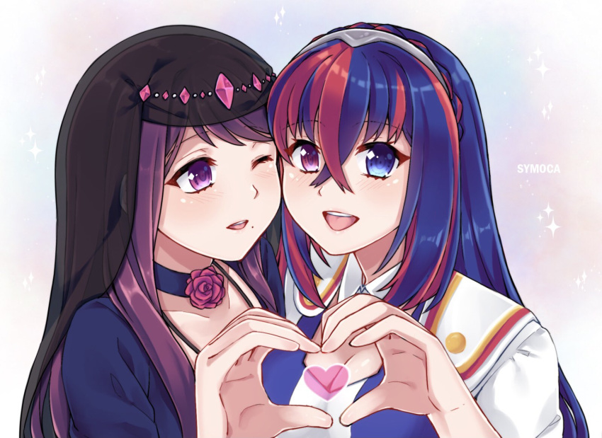 2girls alear_(female)_(fire_emblem) alear_(fire_emblem) blue_eyes blue_hair crossed_bangs fire_emblem fire_emblem_engage heterochromia highres ivy_(fire_emblem) mole mole_under_mouth multicolored_hair multiple_girls one_eye_closed purple_eyes purple_hair red_eyes red_hair split-color_hair symoca tiara two-tone_hair