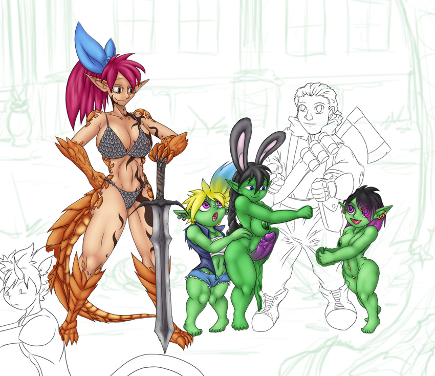 anthro areola axe big_breasts breasts cleavage clothed clothing corruption_of_champions dickgirl erect_nipples erection female goblin helia_(coc) huge_breasts human intersex lizan male mammal navel nipples nude penis pussy smile sword weapon