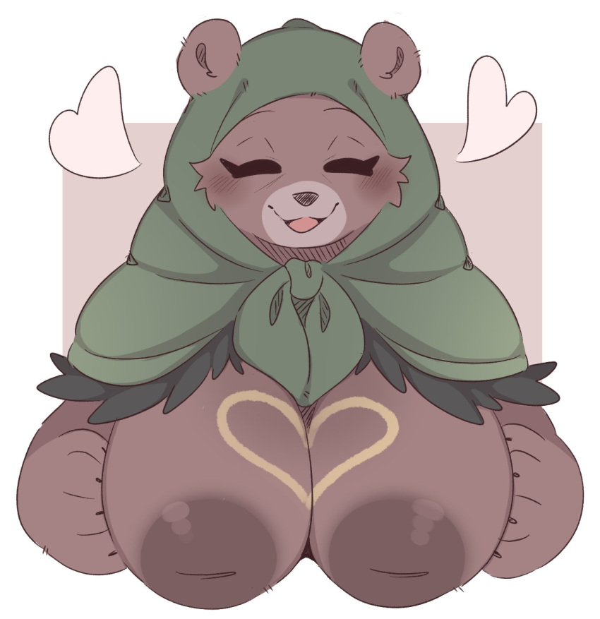 &lt;3 anotherbearsimp anthro areola bear biped blush breasts brown_body brown_fur female front_view fur hi_res hood mama_mellow_(anotherbearsimp) mammal nipples open_mouth simple_background smile solo