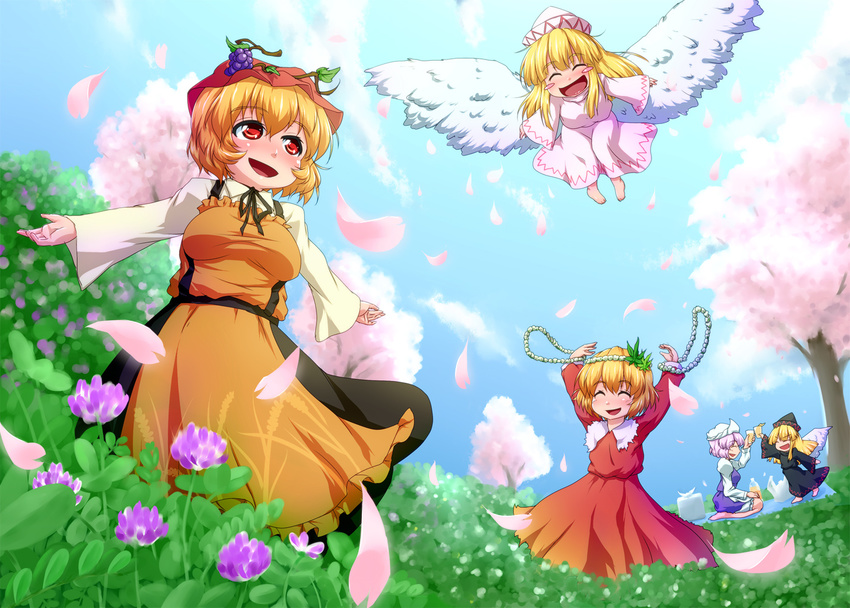 ^_^ aki_minoriko aki_shizuha angel_wings blonde_hair blush blush_stickers cherry_blossoms closed_eyes cup dress dress_shirt drink flower hat head_wreath lavender_hair leaf leaf_on_head letty_whiterock lily_black lily_white long_hair multiple_girls open_mouth outstretched_arms petals red_dress red_eyes shirt short_hair siblings sisters skirt smile touhou waribashi-p white_dress wings