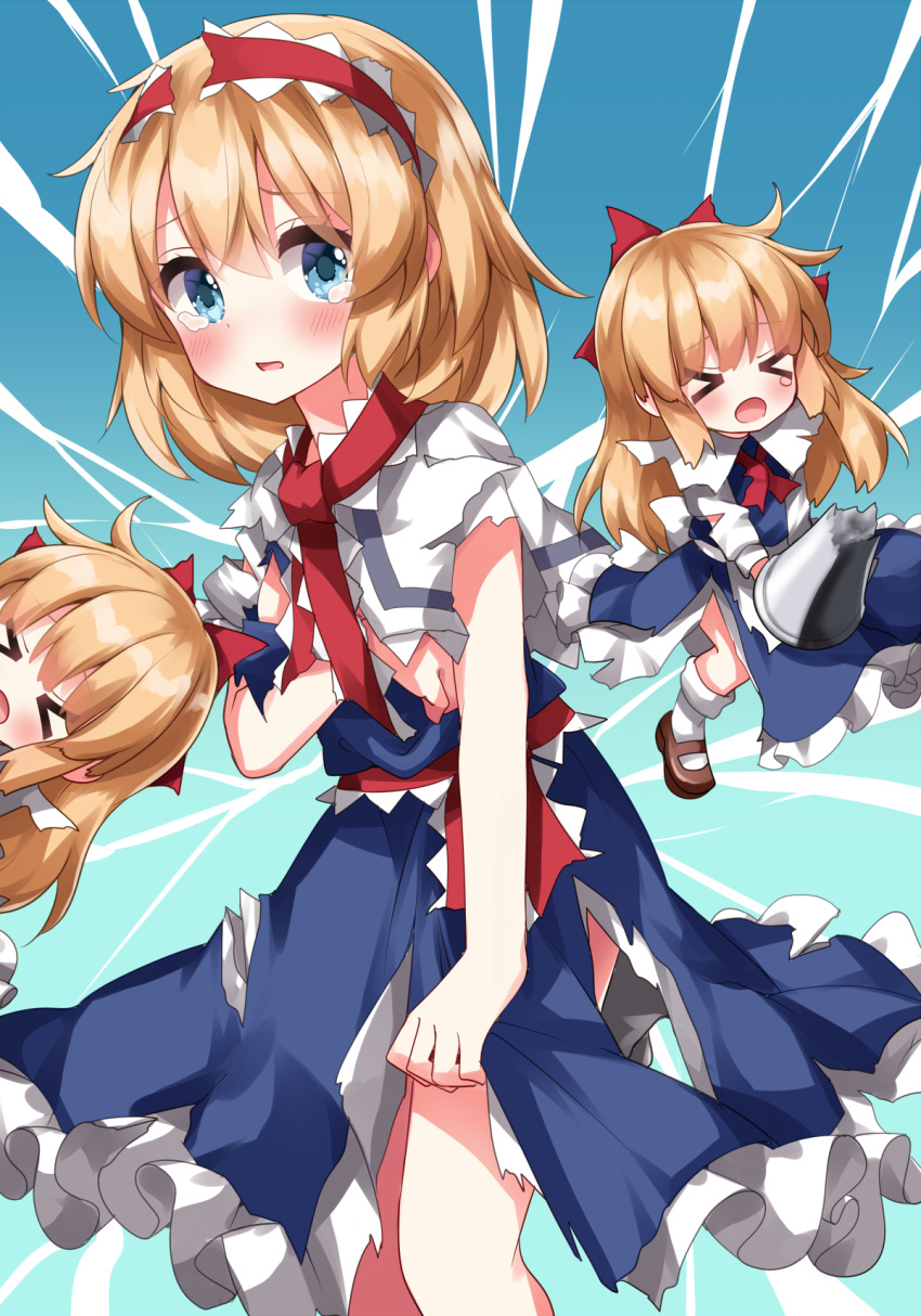 &gt;_&lt; 1girl alice_margatroid blonde_hair blue_dress blue_eyes blush bow broken broken_weapon brown_footwear capelet commentary_request defeat doll dress frilled_hairband frills hair_bow hairband highres holding holding_polearm holding_weapon lance lolita_hairband long_hair looking_at_viewer mary_janes medium_hair open_mouth polearm red_bow red_hairband ruu_(tksymkw) shanghai_doll shoes skirt skirt_tug solo tears torn_capelet torn_clothes torn_dress touhou weapon white_capelet
