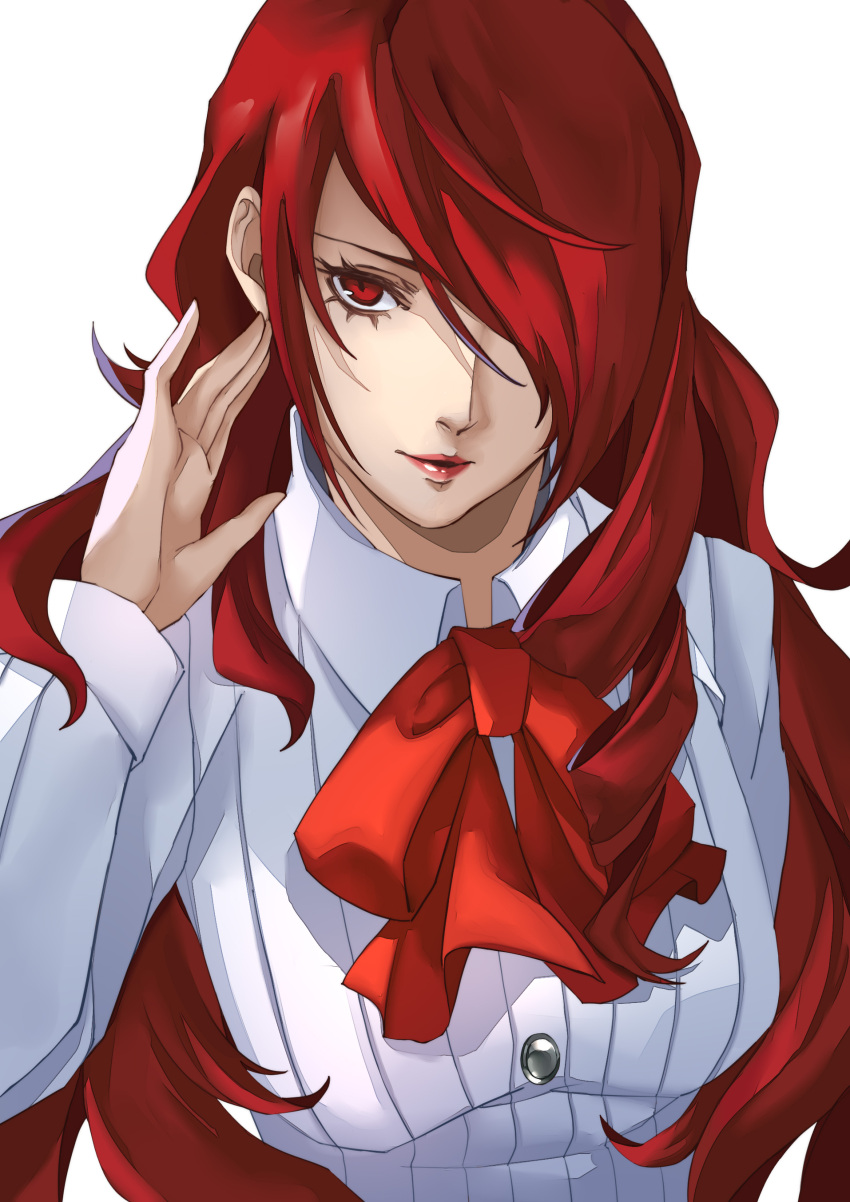 1girl absurdres bow bowtie gekkoukan_high_school_uniform hair_over_one_eye highres kirijou_mitsuru long_hair long_sleeves persona persona_3 pertex_777 red_bow red_bowtie red_eyes red_hair red_lips school_uniform simple_background solo upper_body white_background