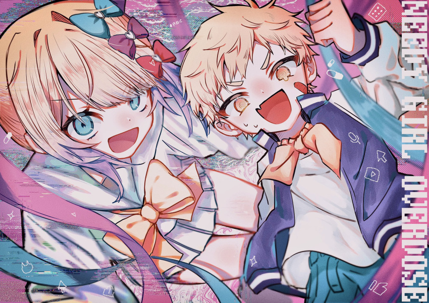 1boy 1girl @_@ abstract_background bandaid bandaid_on_cheek bandaid_on_face bandana bandana_around_neck blonde_hair blue_eyes blue_hair bow bowtie chouzetsusaikawa_tenshi-chan clenched_hand copyright_name crossover cursor denim fang grey_sailor_collar grey_serafuku grey_skirt hand_up highres jacket jeans letterman_jacket long_hair long_sleeves multicolored_hair napoli_no_otokotachi needy_girl_overdose open_clothes open_jacket pants pink_hair pleated_skirt quad_tails sailor_collar school_uniform serafuku shirt short_hair skin_fang skirt smile sugiru_(napoli_no_otokotachi) suuno_kamibukuro v-shaped_eyebrows very_long_hair white_shirt yellow_bandana yellow_bow yellow_bowtie yellow_eyes