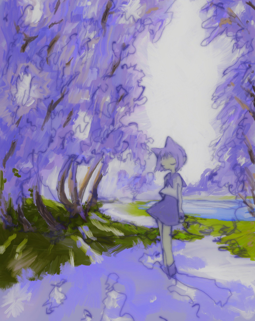 1girl animal_ears arms_behind_back bare_legs cat_ears closed_eyes closed_mouth day flower grass highres izmi jacaranda original outdoors painterly purple_flower purple_skirt purple_theme school_uniform serafuku short_hair skirt sky solo standing tree white_serafuku