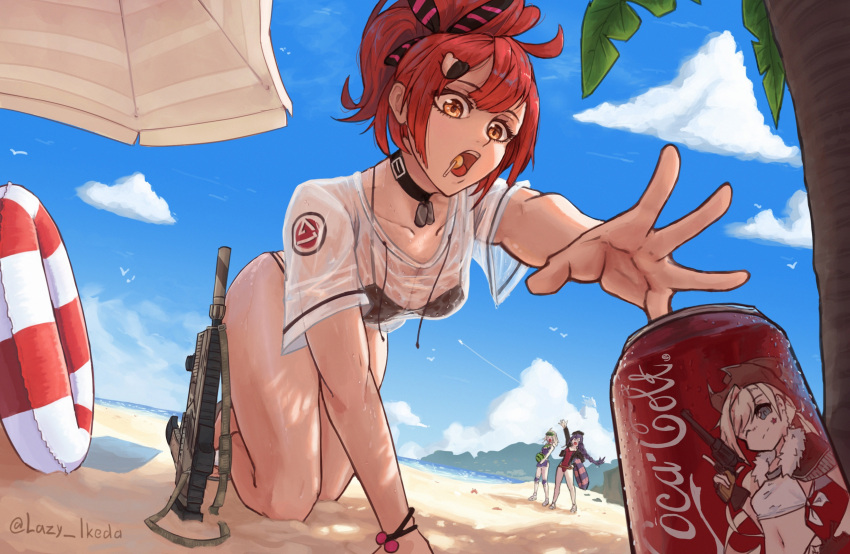 3girls aa-12_(girls'_frontline) aa-12_(the_sun_never_rises)_(girls'_frontline) all_fours beach bikini black_bikini brand_name_imitation breasts can candy choker cloud cloudy_sky colt_revolver_(girls'_frontline) commission dog_tags drink_can food food_in_mouth full_body girls'_frontline gun h&amp;k_mp7 highres lazy_ikeda lewis_(girls'_frontline) lewis_(sunscreen_battle)_(girls'_frontline) lollipop medium_hair mp7_(girls'_frontline) mp7_(lollipop_ammo)_(girls'_frontline) multiple_girls official_alternate_costume open_mouth orange_eyes outdoors palm_tree ponytail reaching red_hair sand see-through see-through_shirt simple_bird sky soda_can submachine_gun swim_ring swimsuit teeth tongue tree twitter_username upper_teeth_only water weapon