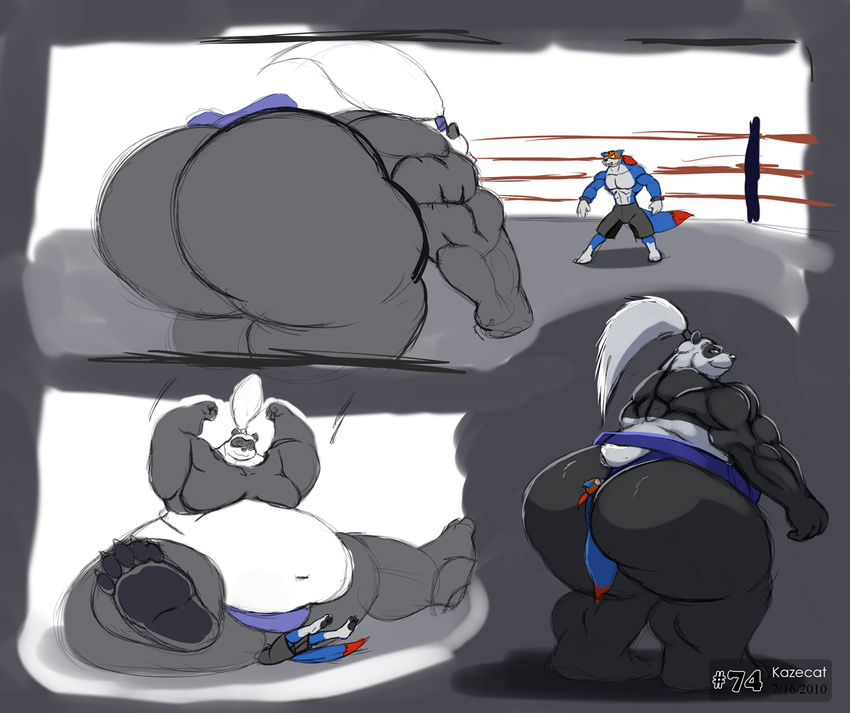 bear butt_crush crush crushed crushing fighting_ring kazecat mammal muscles overweight panda size_difference squash squashed squashing squish squished squishing stuck trapped wrestling