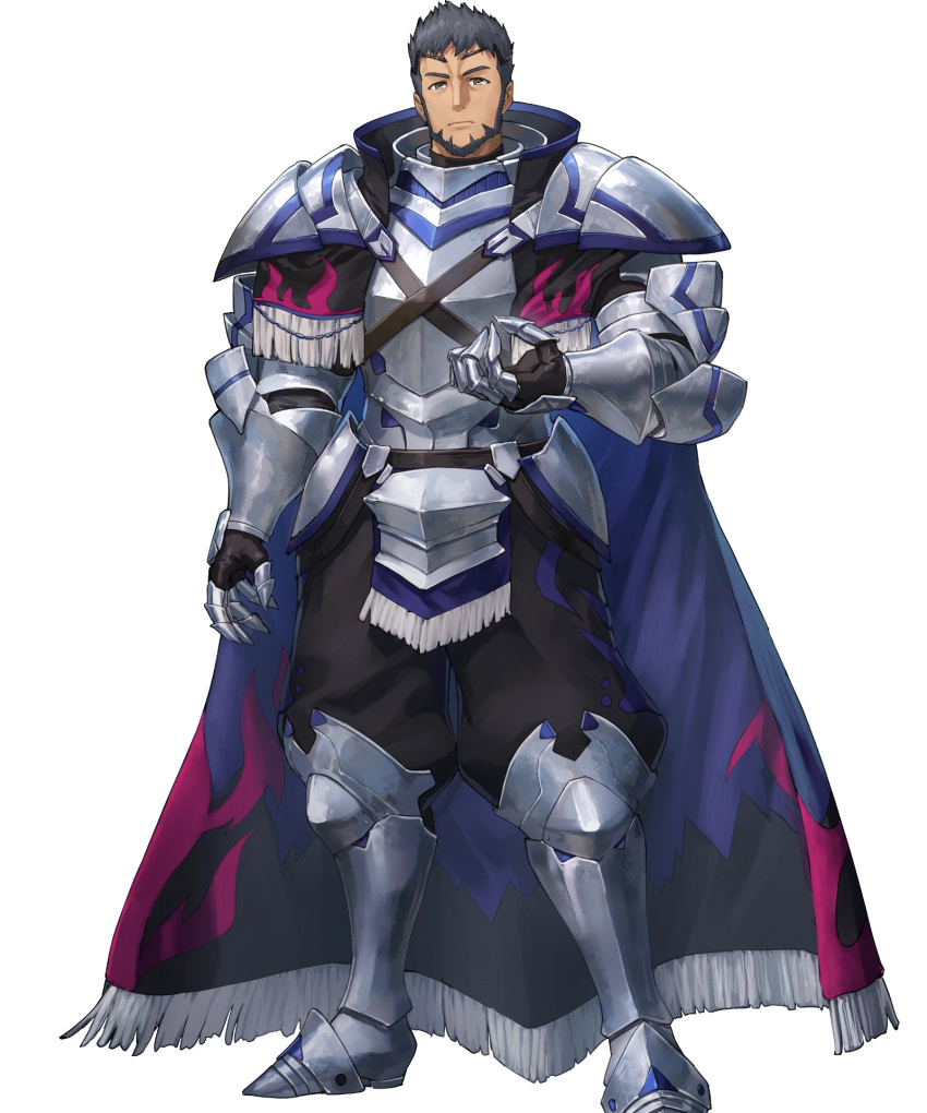 1boy armor beard black_cape black_hair blue_cape cape facial_hair fire_emblem fire_emblem_engage fire_emblem_heroes gauntlets greaves highres looking_at_viewer mauvier_(fire_emblem) multicolored_cape multicolored_clothes non-web_source official_art purple_cape short_hair solo tachi-e very_short_hair