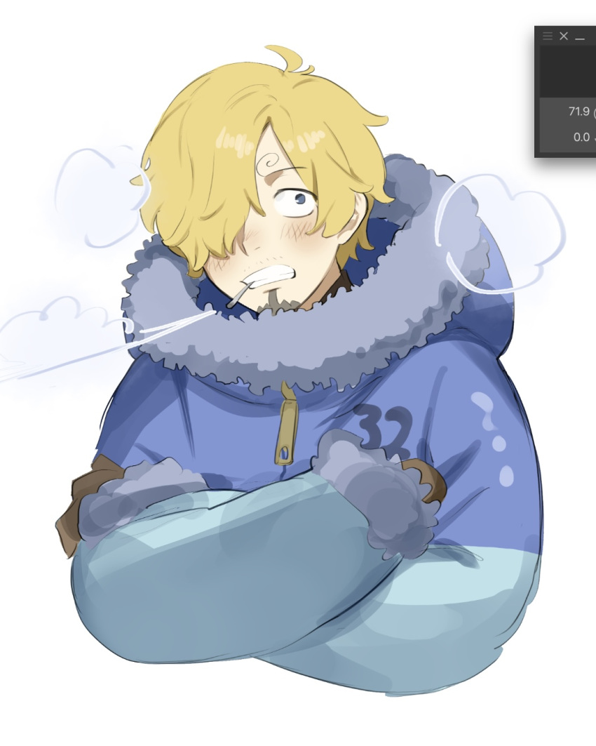 1boy art_program_in_frame blonde_hair blue_coat blue_eyes blush brown_mittens cigarette clip_studio_paint clip_studio_paint_(medium) coat cold cropped_torso crossed_arms curly_eyebrows grimace hair_over_one_eye highres male_focus mittens one_piece sanji_(one_piece) short_hair smoke smoking solo tokoni_fusu white_background zipper_pull_tab